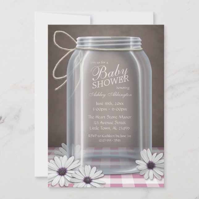 Invitación País Mason Jar Pink Gingham Baby Shower (Anverso)
