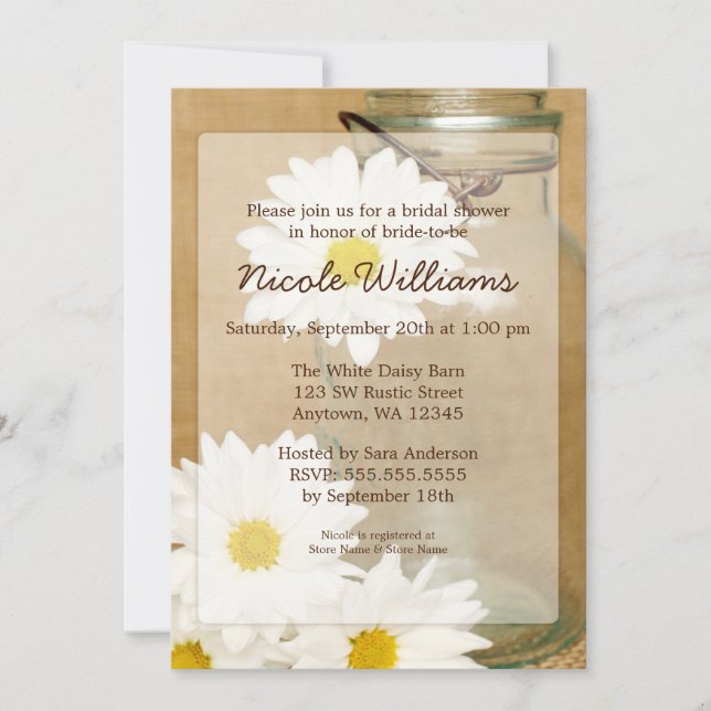 Invitación País Mason Jar White Daisies Ducha Bridal (Anverso)