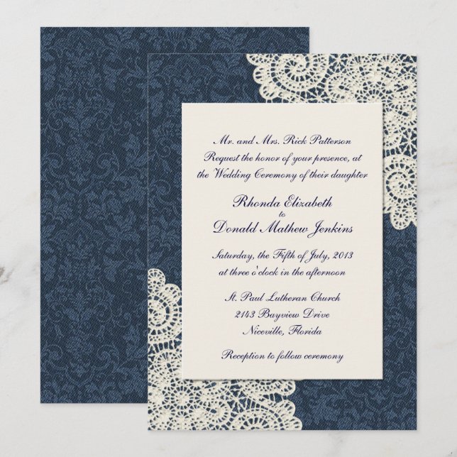 Invitación País Moda Denim Damask & Ivory Lace Boda 2 (Anverso / Reverso)