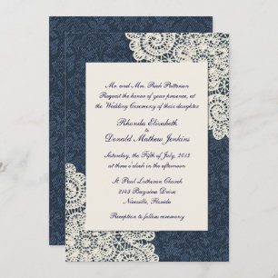 Invitación País Moda Denim Damask & Ivory Lace Boda 2