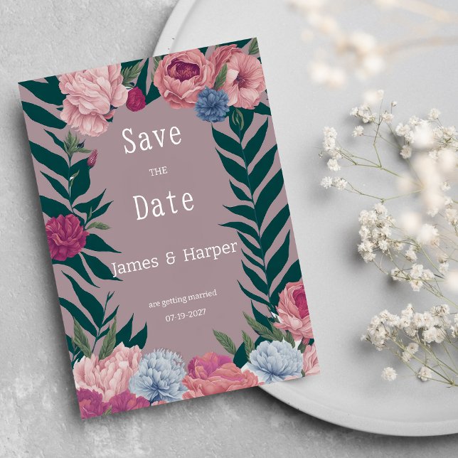 Invitación País morado verde oscuro malva rosa floral Guardar (Country dark green mauve pink floral Save the Date )