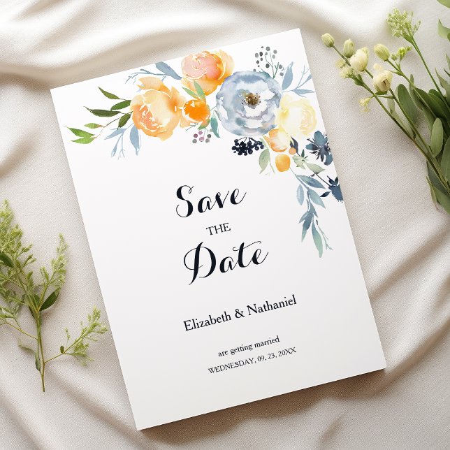 Invitación País naranja azul floral blanco Guardar fecha (Country orange blue white floral Save the Date)