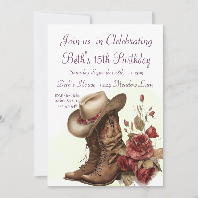 Invitación País occidental, Rosas, 15º cumpleaños (Anverso)