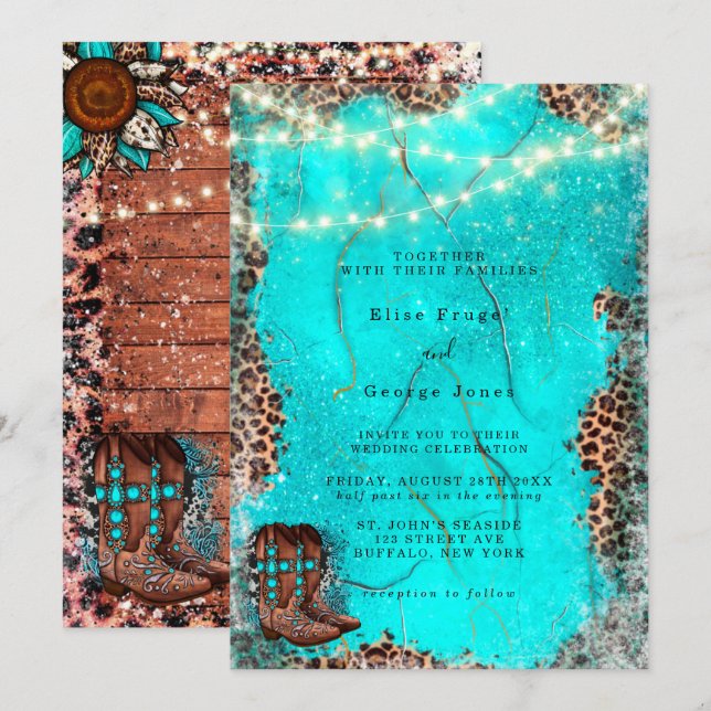 Invitación País Oeste Turquesa Cowboy Boots Boda (Anverso / Reverso)