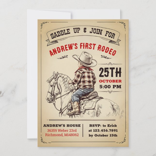 Invitación País personalizado Cowboy 1er cumpleaños Rodeo Wil (Anverso)