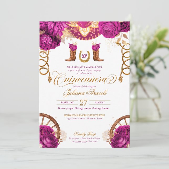 Invitación País Rosa de oro rosa magenta Quinceanera occident (Anverso de pie)