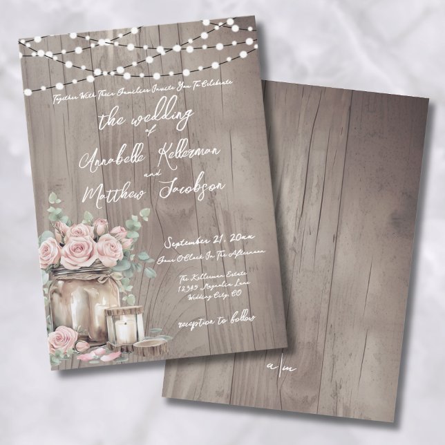 Invitación País Rubor rosa Roza a Boda de madera Rústica (Country Blush Pink Roses Rustic Wood Wedding Invitation)