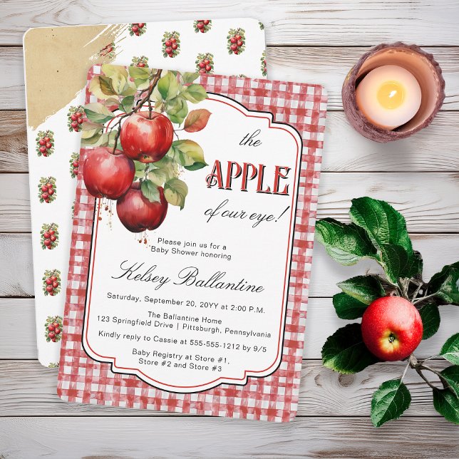 Invitación País Rústico Apple De Nuestro Ojo Baby Shower ("The Apple of Our Eye!"  Country Rustic Apple Theme Torn Brown Paper Red White Gingham Checks Invite)