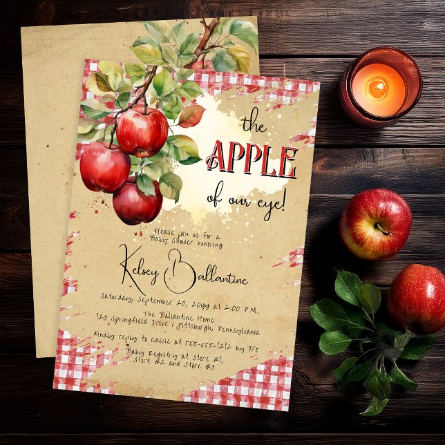 Invitación País Rústico Apple De Nuestro Ojo Baby Shower ("The Apple of Our Eye!"  Country Rustic Apple Theme Torn Brown Paper Red White Gingham Checks Invite)