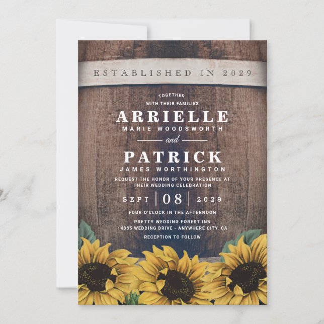 Invitación País Rústico Barrel Vintage Boda de Girasol (Anverso)