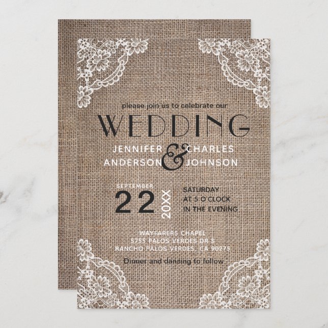 Invitación País Rústico Burlap Fabric Lace Trim Boda (Anverso / Reverso)
