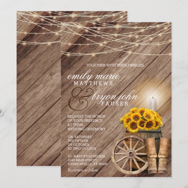 Invitación País rústico con barril de madera y girasoles (Anverso / Reverso)