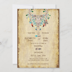 Invitación País Rústico, Cráneo de Ciervo, Plumas, Boda  