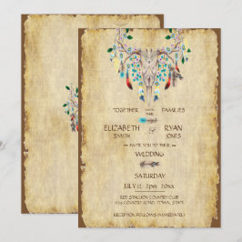 Invitación País Rústico, Cráneo de Ciervo, Plumas, Boda