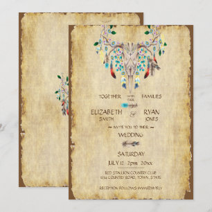 Invitación País Rústico, Cráneo de Ciervo, Plumas, Boda
