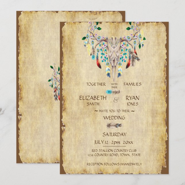 Invitación País Rústico, Cráneo de Ciervo, Plumas, Boda (Anverso / Reverso)