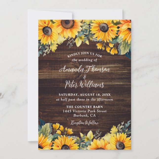 Invitación País Rústico del Sunflower Boda de Floral de mader (Anverso)