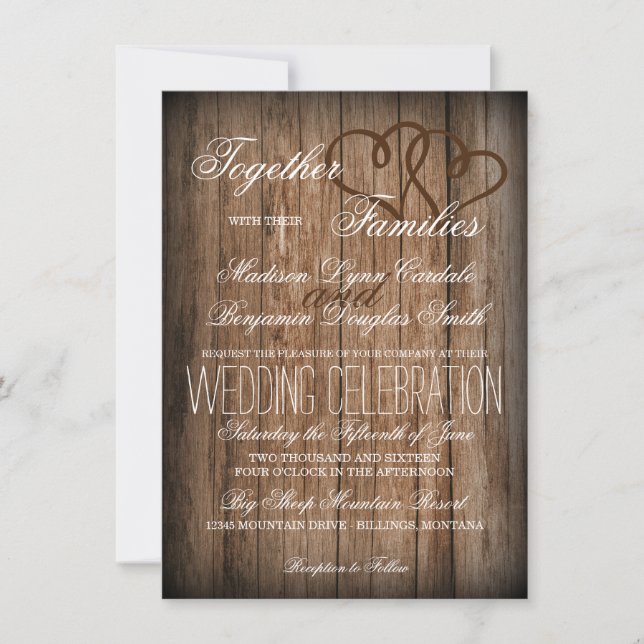 Invitación País Rústico Doble corazón Boda de Madera Invita (Anverso)