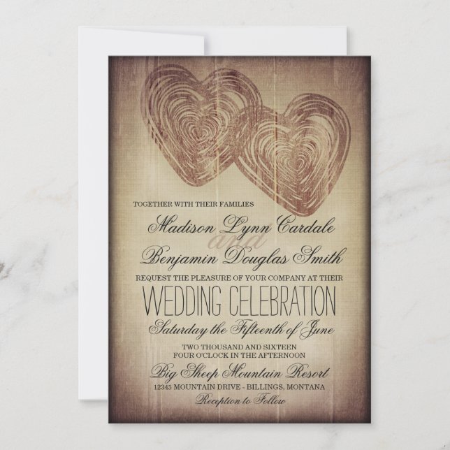 Invitación País Rústico Doble corazón Boda de Madera Invita (Anverso)