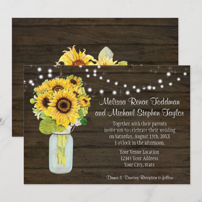 Invitación País Rústico Floral De Girasol Mason Jar Luces I (Anverso / Reverso)
