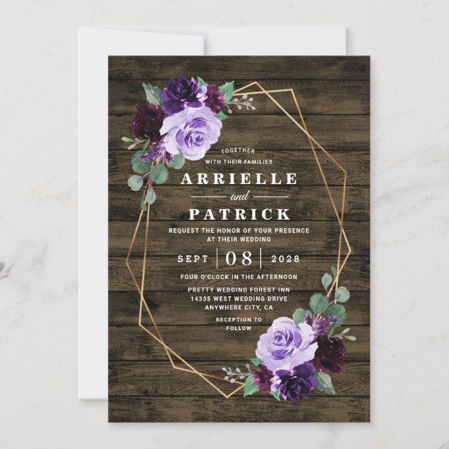 Invitación País Rústico Floral Morado y Boda de Oro (Anverso)