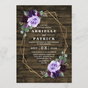 Invitación País Rústico Floral Morado y Boda de Oro