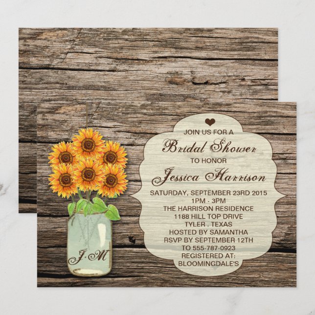 Invitación País Rústico Girasol Mason Jar Bridal Shower (Anverso / Reverso)