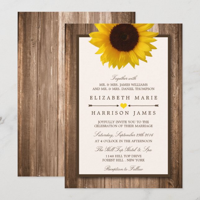 Invitación País Rústico Girasol y Boda de Madera Marrón (Anverso / Reverso)