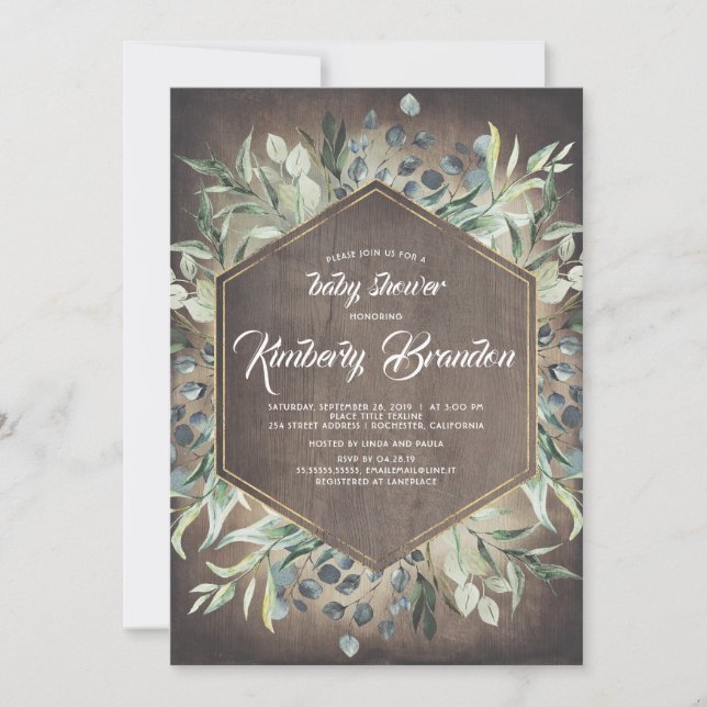 Invitación País Rústico | Greenery Gold Frame Baby Shower (Anverso)