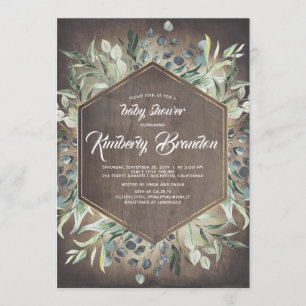 Invitación País Rústico Greenery Gold Frame Baby Shower