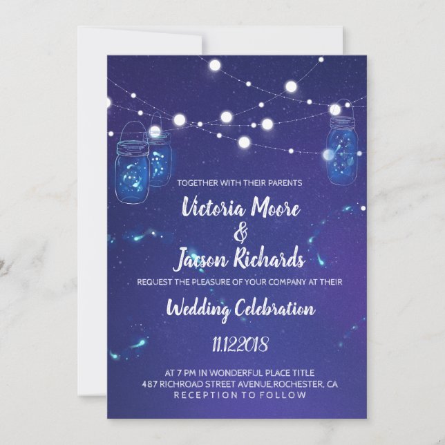 Invitación País Rústico luces masón jarras luciérnagas Boda (Anverso)