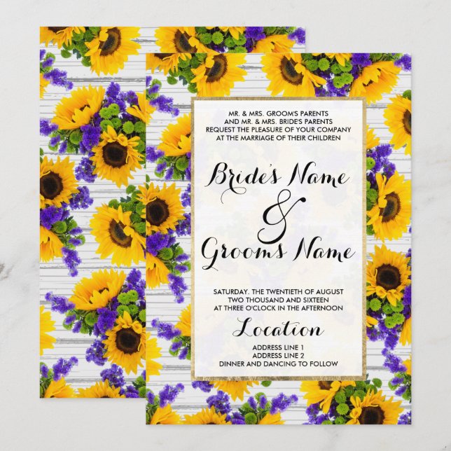 Invitación País Rústico Madera Blanca Morado Girasol Amarillo (Anverso / Reverso)