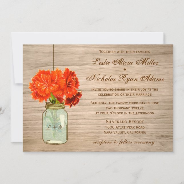 Invitación País Rústico Mason Jar Flores Boda (Anverso)