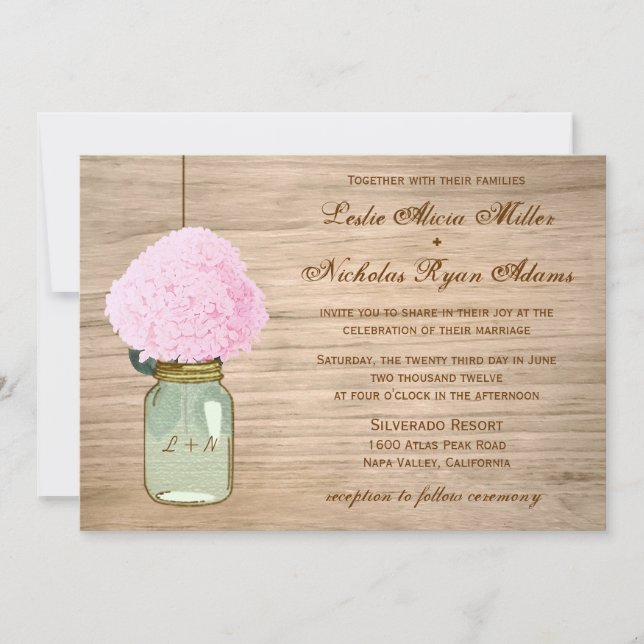 Invitación País Rústico Mason Jar Hydrangea Boda (Anverso)