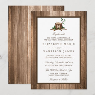 Invitación País Rústico Monograma Árbol y Boda de Madera
