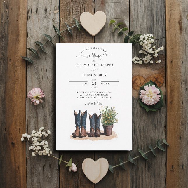 Invitación País Sr. Cowboy Boots Boda de Flores Silvestres (country wedding invitation rustic western barn chic modern watercolor cowboy boots watercolor)