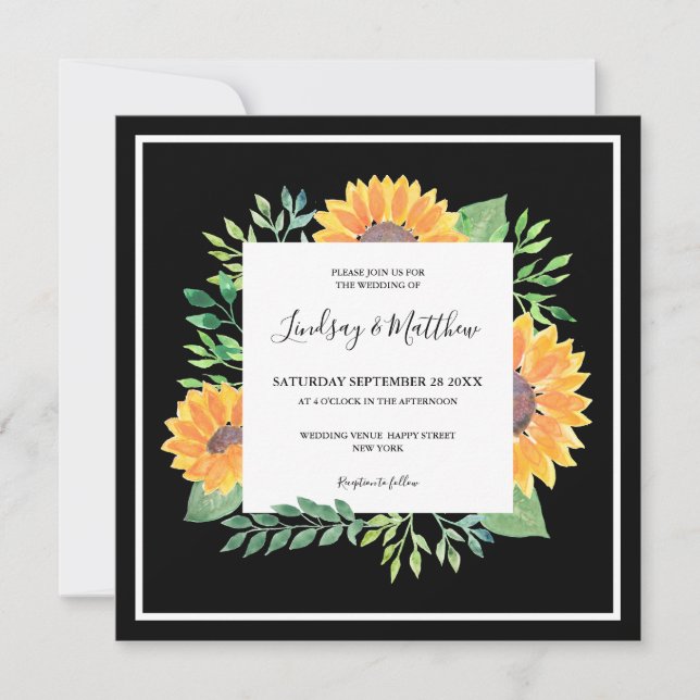 Invitación País Sunflower Boda Negro (Anverso)