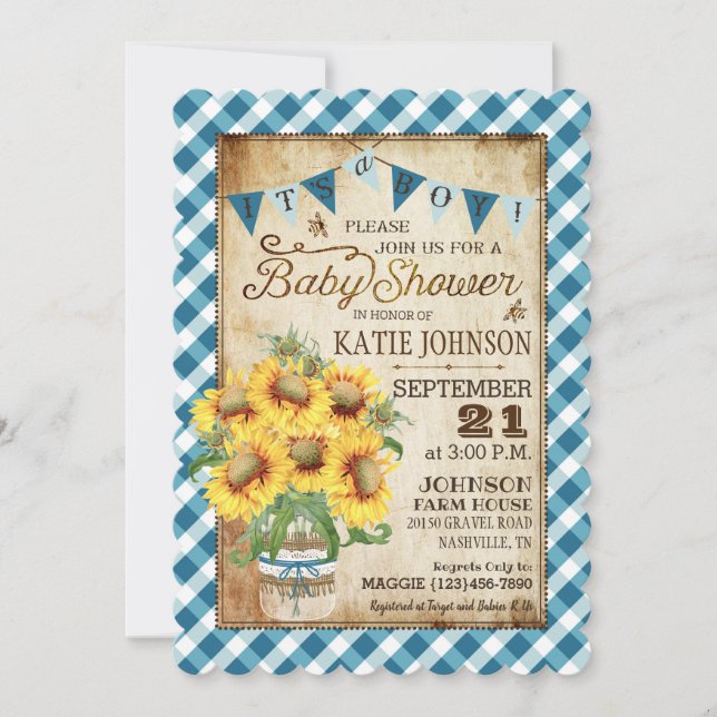 Invitación País Sunflower Gingham Check Boy Baby Shower (Anverso)