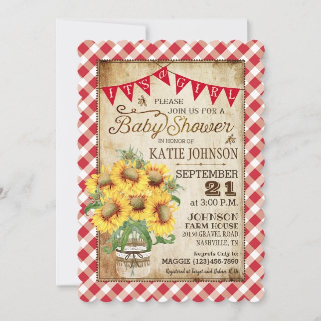 Invitación País Sunflower Gingham Check Chica Baby Shower (Anverso)