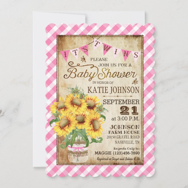 Invitación País Sunflower Gingham Check Twins Baby Shower (Anverso)