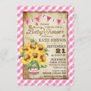 Invitación País Sunflower Gingham Check Twins Baby Shower