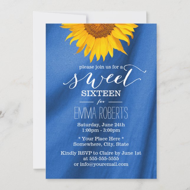 Invitación País Sunflower Royal Blue Sweet 16 Cumpleaños (Anverso)