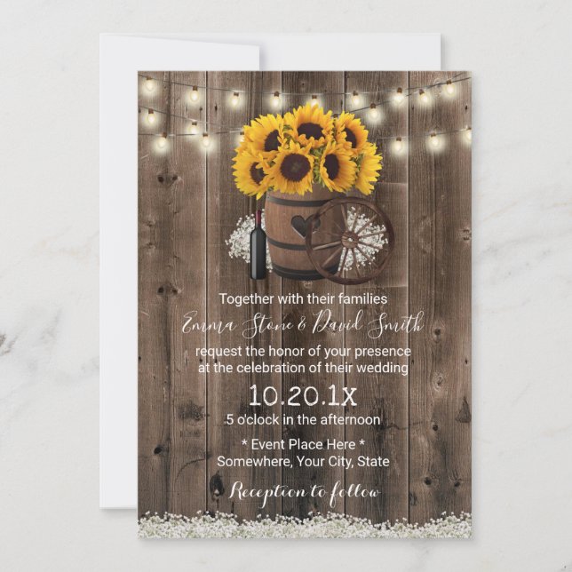 Invitación País Sunflower Wood Barrel Rústico Boda (Anverso)