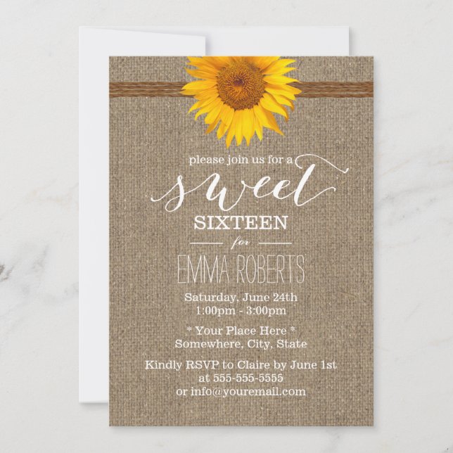Invitación País Sunflower y Twine Burlap Dulce (Anverso)