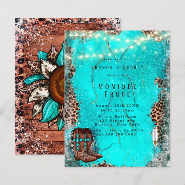 Invitación País Turquesa Cowboy Boots Brunch & Bubbly (Anverso / Reverso)