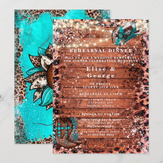 Invitación País Turquesa Cowboy Boots Ensayo Cena (Anverso / Reverso)