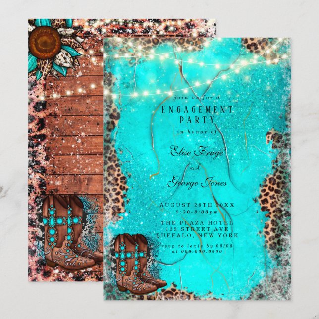 Invitación País Turquesa Cowboy Boots Partido de compromiso (Anverso / Reverso)