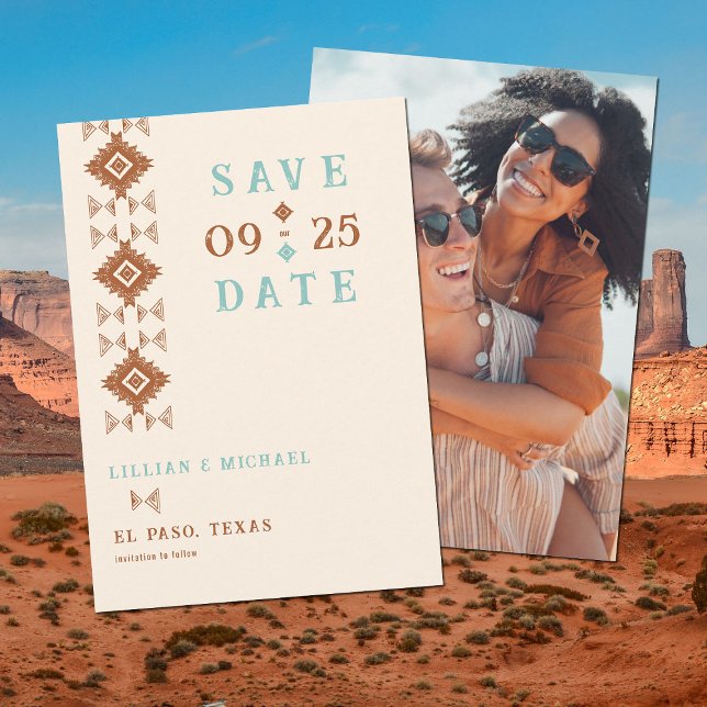 Invitación País vaquero Boda azteca occidental salva la fecha (western country cowboy desert wedding save the date photo terracotta teal)