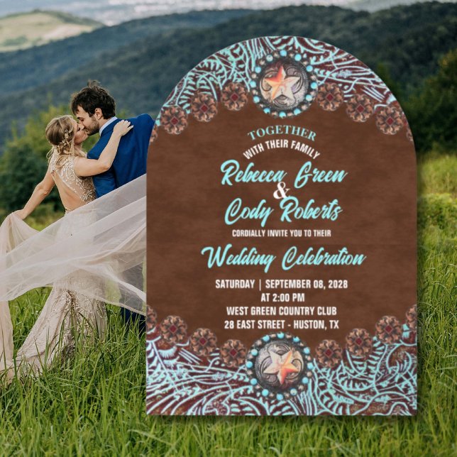 Invitación País Vaquero marrón turquesa boda occidental (Turquoise Brown Cowboy Country Western wedding Invitation)