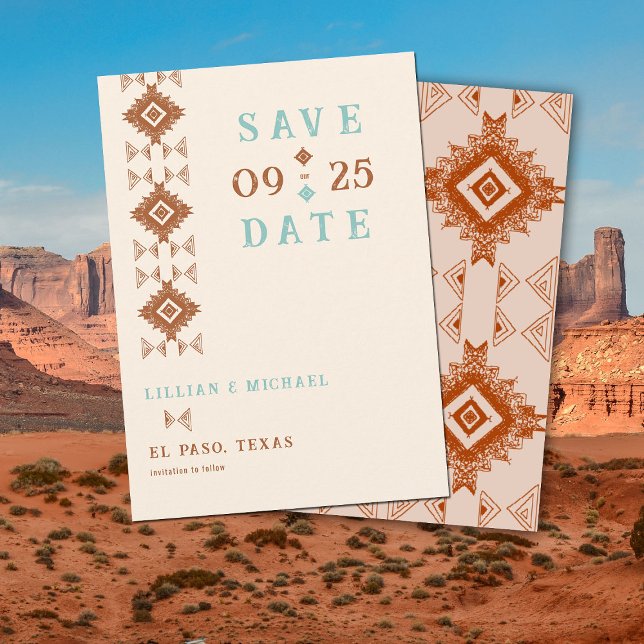 Invitación País vaquero Moda occidental Boda salva la fecha (cowboy country western desert wedding save the date aztec pattern terracotta teal)
